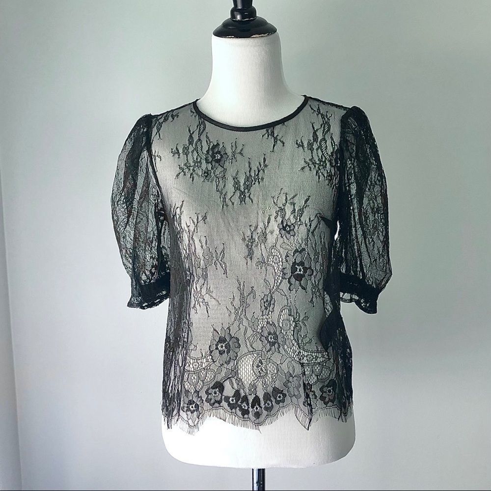 H&M Puff Sleeve Black Lace Top XS